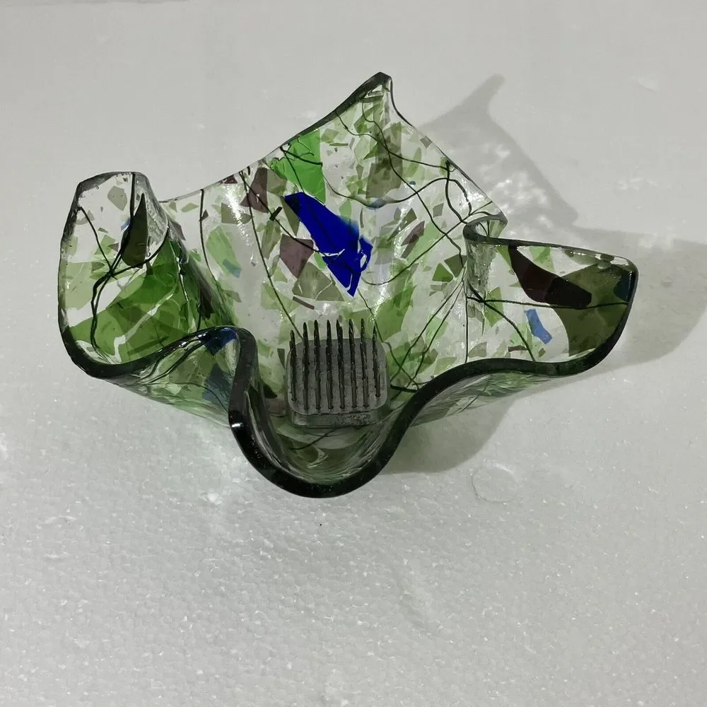 Folded  Hankerchif Clear W/ Blue‎ Green Glass / Votive Holder / With Flower Frog